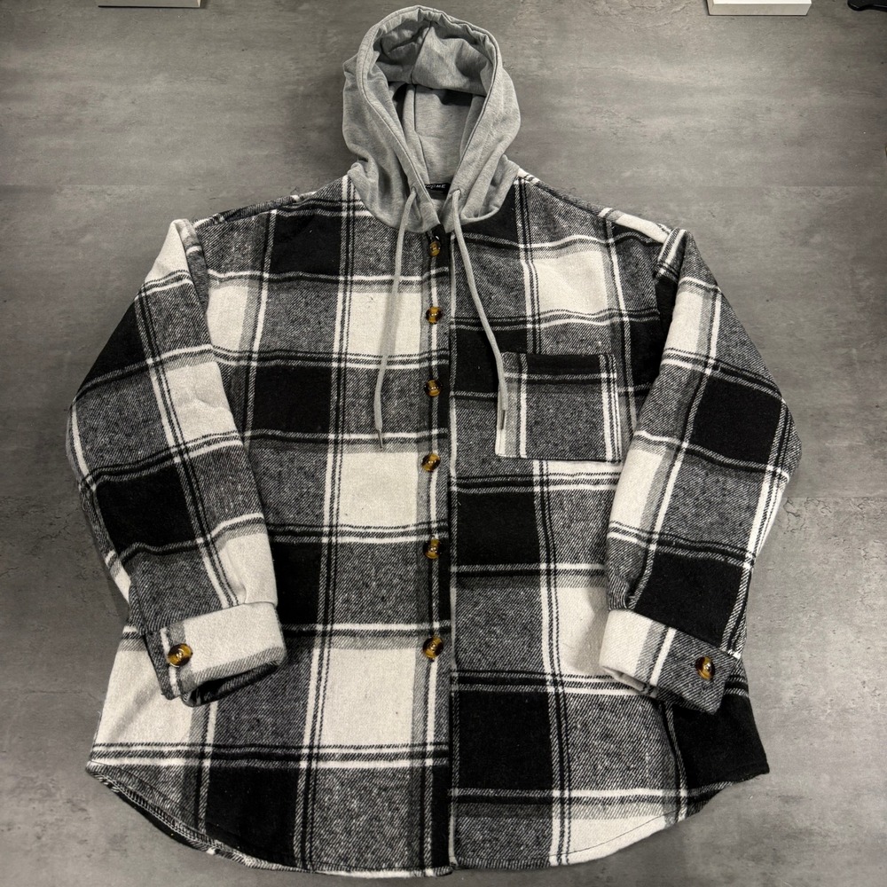 ChicMe Shirt Jacket Womens S Plaid Hooded Fleece Lined Black White NWOT
